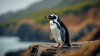 Naklejka premium A lone penguin balances on a rocky outcrop, watching over the wild scenery