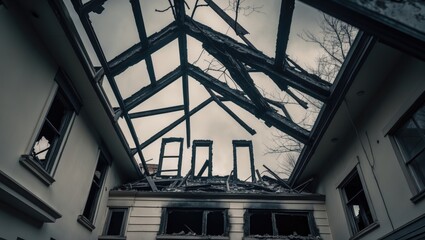 Obraz premium The roofing system of a house that suffered a fire.