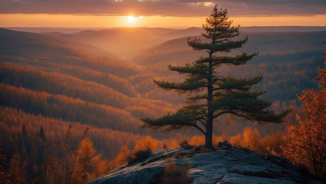 Taiga forest during autumn sunset