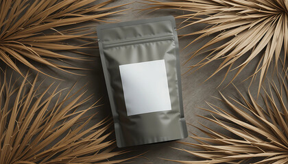 Matte skincare packaging with dried palm leaves in natural composition, blank brand