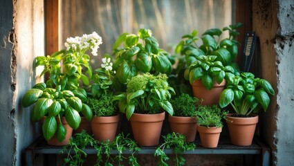 Balcony garden featuring potted natural plants and greenery. Home urban gardening with a diverse plant selection. A window view of a balcony overflowing with mixed potted plants. Fresh flowers