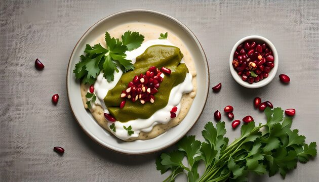 Chiles rellenos with pomegranate seeds and cilantro