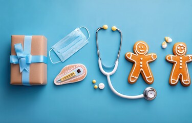 National Day of Doctors. Modern stethoscope, gift box and gingerbread in the form of medical supplies on a blue background. .Gingerbread in the form of a thermometer, a medical mask, a pill, a patch.