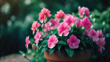 Fototapeta premium An up-close photograph of impatiens in a flowerpot with a fuzzy background