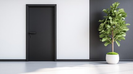 Modern minimalist interior with a black door and plant