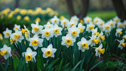 Fototapeta premium A vibrant meadow of blooming white daffodils surrounded by rich green plants, creating a calm and picturesque scenery
