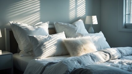 A cozy bed adorned with white pillows and a blanket beside a bedside table with a lamp