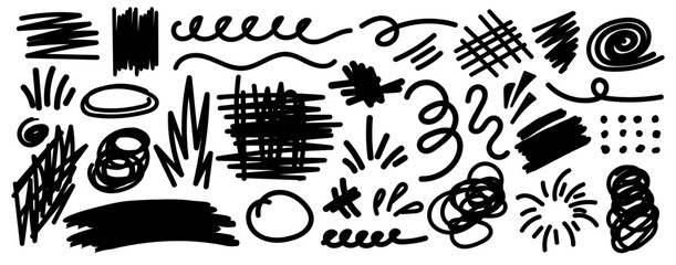 Collection of hand drawn doodles and squiggles for text highlighting sign. Set of different design elements with scribbles texture. Black brush strokes. Simple cute vector swashes and strokes