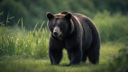 Fototapeta premium A black bear leisurely traversing a sunlit grassy area, bordered by lush plant life.