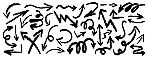 Collection of hand drawn arrow signs in different directions with a line. Set of different design elements with scribble texture. Black arrows showing directions. Vector illustration isolated.
