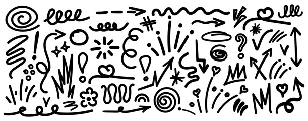 Collection of hand drawn doodles and squiggles for text highlighting sign. Set of design elements with texture of scribbles. Black line brush stroke. Simple cute vector swashes, strokes, note, diagram