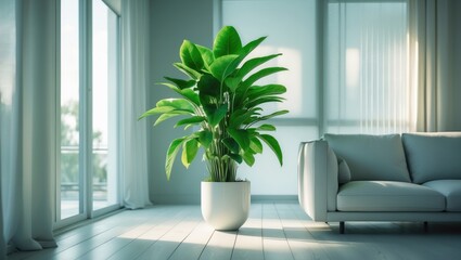 An elegant indoor plant situated in a sleek white planter enhances the stylish atmosphere of a warm living room.