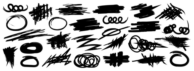 Collection of hand drawn doodles and squiggles for text highlighting sign. Set of different design elements with scribbles texture. Black brush strokes. Simple cute vector swashes and strokes