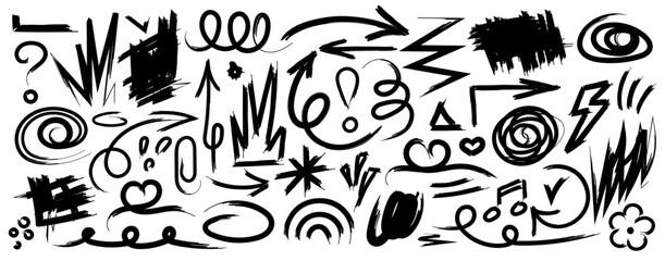 Collection of hand drawn doodles and squiggles for text highlighting sign. Set of different design elements with scribbles texture. Black brush strokes. Simple cute vector swashes and strokes