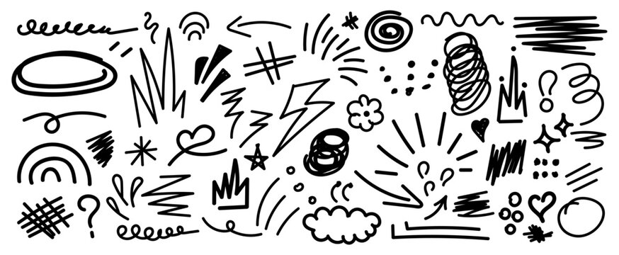 Collection of hand drawn doodles and squiggles for text highlighting sign. Set of different design elements with scribbles texture. Black brush strokes. Simple cute vector swashes and strokes