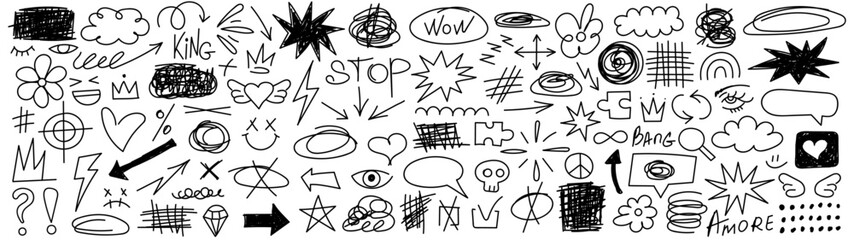 Collection of hand drawn doodles and squiggles for text highlighting sign. Set of different design elements with scribbles texture. Black brush strokes. Simple cute vector swashes and strokes