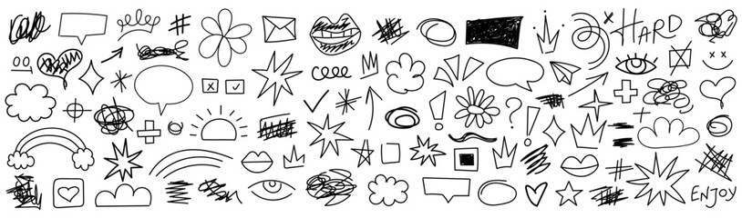 Collection of hand drawn doodles and squiggles for text highlighting sign. Set of different design elements with scribbles texture. Black brush strokes. Simple cute vector swashes and strokes