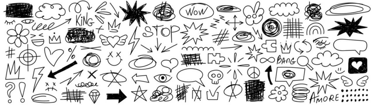 Collection of hand drawn doodles and squiggles for text highlighting sign. Set of different design elements with scribbles texture. Black brush strokes. Simple cute vector swashes and strokes