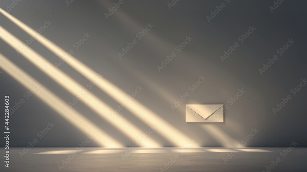 Poster a white envelope with a triangular flap is displayed on a gray wall.