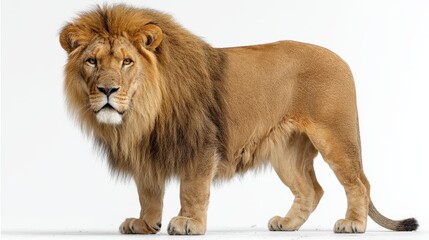 Obraz premium a majestic lion standing in the wild on a white isolated background, powerful and graceful design
