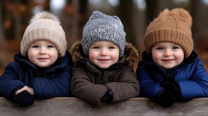 Three adorable toddlers, smiling and leaning on a park bench, wearing winter hats