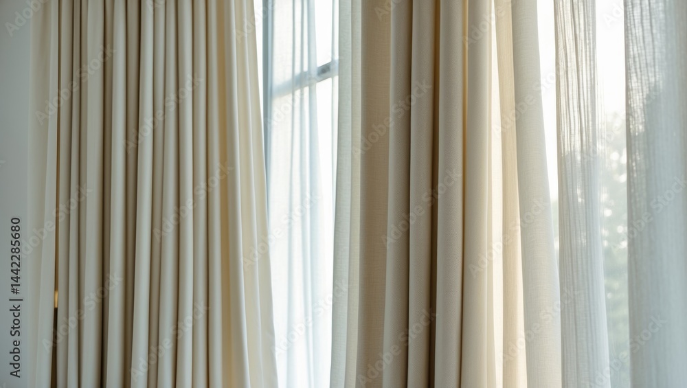Poster zoomed-in image of curtains made of striped fabric on a window frame with a rod