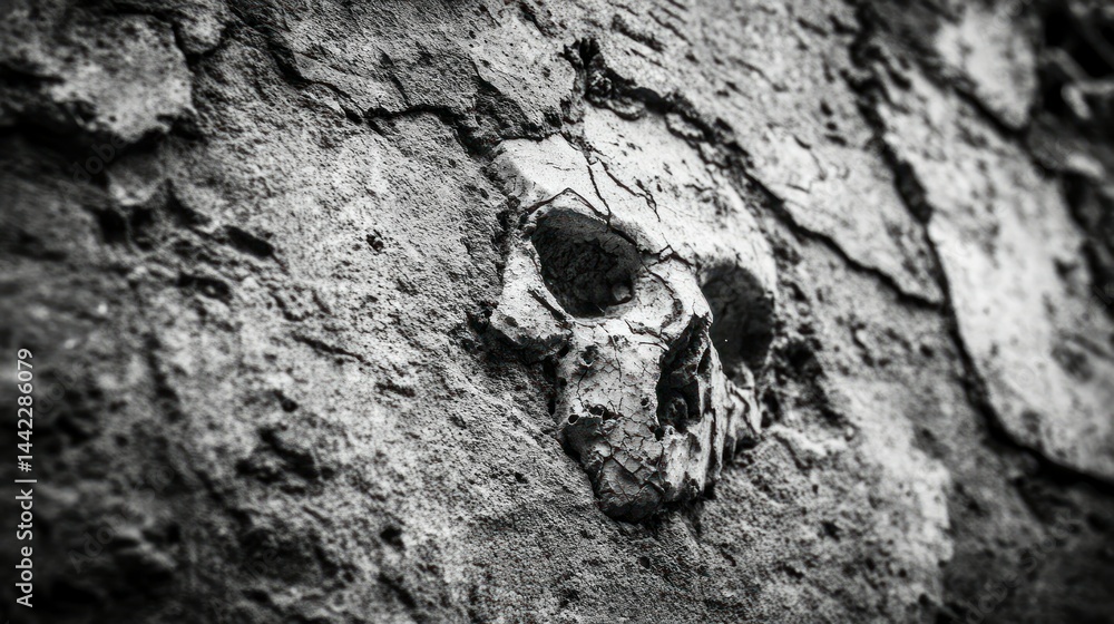Poster a weathered skull is embedded within a rough textured wall