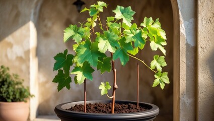 Grapevine about 50cm high grown in a pot with support stakes, thriving with vibrant green foliage