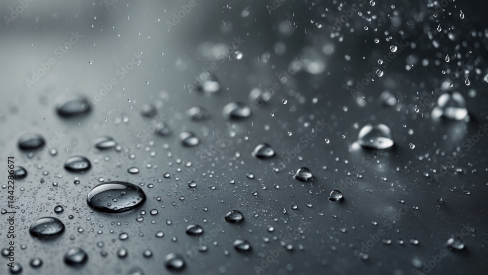 Poster the theme of raindrops dropping on a gray setting abstract wet layer with bubbles