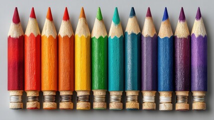 a set of colorful pencils forming a rainbow on a white isolated background, artistic and playful look