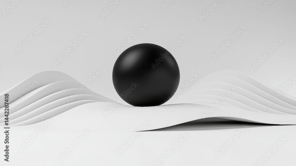 Poster a 3d rendering of a black sphere on a white surface, with a wave-like pattern underneath.
