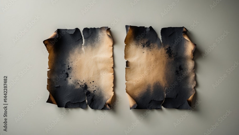 Poster two pieces of ash paper in rectangular portrait form exhibit traces of fire for your presentation ba