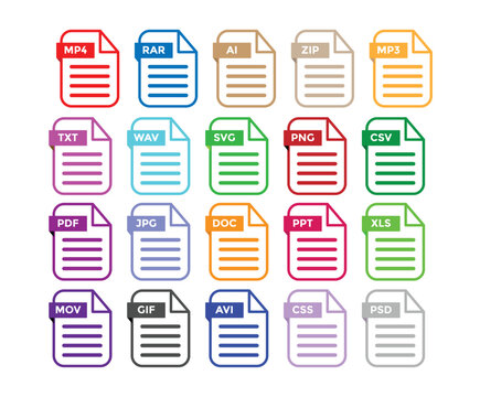 File type icon set. file format colored symbols. Popular files format and document. Format and extension of documents. Set of pdf, doc, excel, png, jpg, psd, gif, csv, xls, ppt, html, txt., file forma