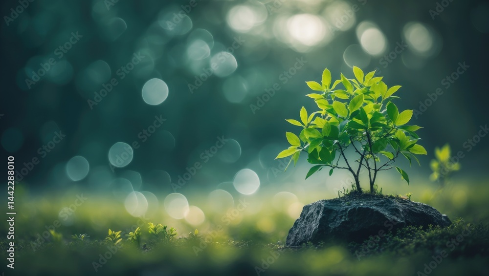 Poster blurred dark green backdrop with bokeh effect showcasing a small tree growing out of a rock in the b