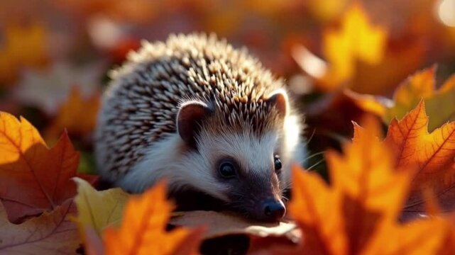 Adorable hedgehog exploring fallen autumn leaves in warm forest light. Wildlife concept