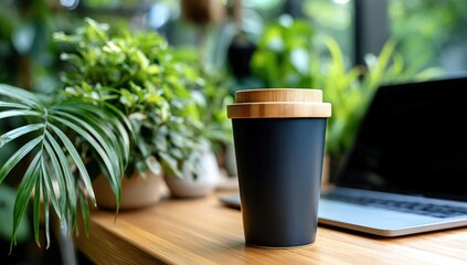 Eco-friendly reusable cup with bamboo lid on a wooden desk, surrounded by green plants and a laptop in a bright, modern workspace.