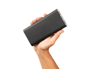 Male hand holding a power bank isolated no background 