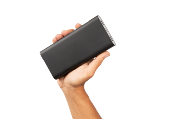 Male hand holding a power bank isolated no background 