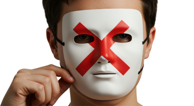 Isolated Man Wearing White Mask with Red Cross