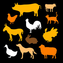 Vector set of domestic and farm animal silhouettes in flat yellow style