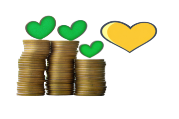 Financial growth with love Stacks of coins with green hearts atop, symbolizing financial success and a caring approach  A larger yellow heart floats above, suggesting abundance and generosity