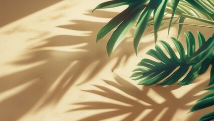 Flat lay of green tropical leaf shadow against a sandy color background.