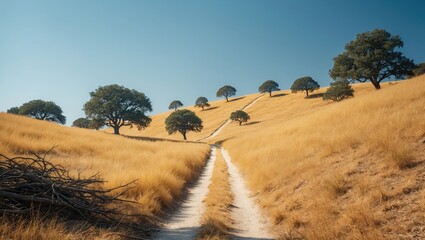 Obraz premium A dry slope peppered with oak trees under a bright azure sky, displaying golden grass and a collection of fallen branches in the foreground.