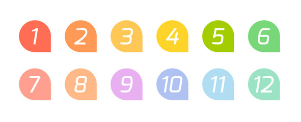 Fototapeta premium Bullet point numbers design element set. Colorful list markers collection, number 1 to 12.