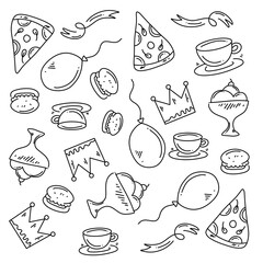Pizza slices, drinks, candy, and party decorations in outlined sketch style for celebration