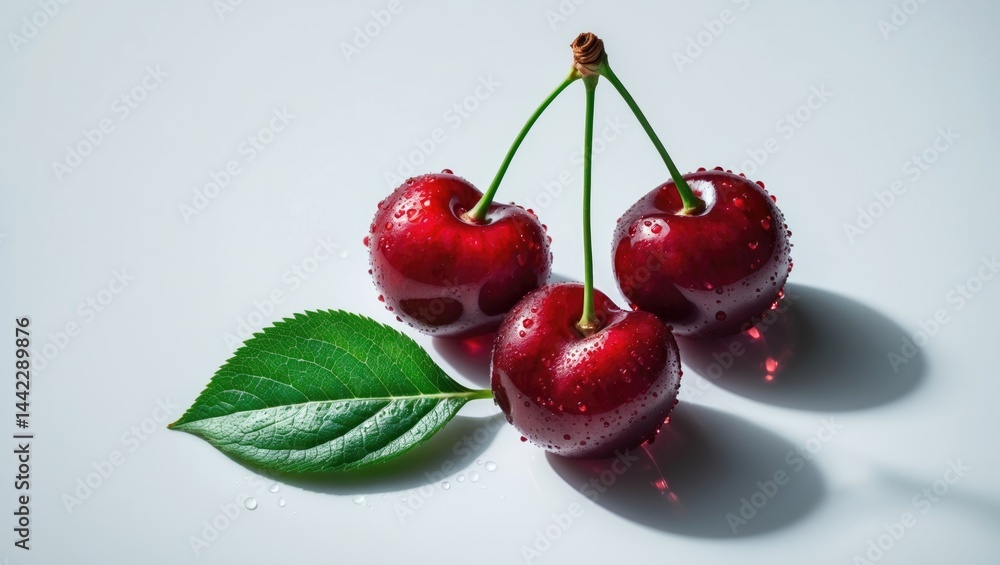 Aufkleber Flat lay of cherry with leaves on a background with top view and space for text