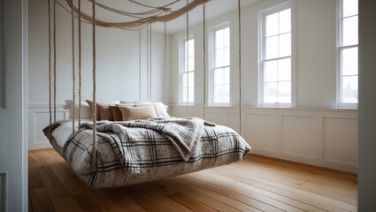 Obraz premium Suspended Bed from the Ceiling Featuring a Cozy Knit Grey Blanket in Plaid Style