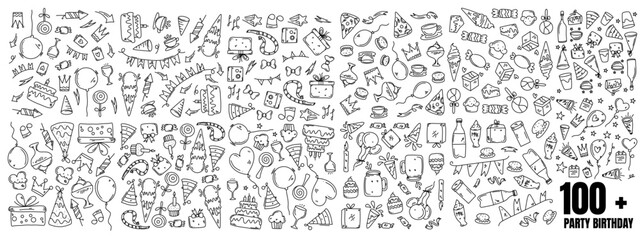 bundle set birthday party icons set with line style vector design