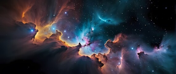 Naklejka premium Colorful nebula clouds filled with glowing star clusters on deep black galactic vistas