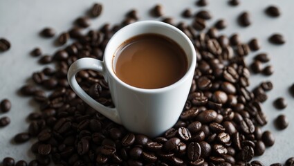 Fototapeta premium On a bed of coffee beans, a white cup is placed, symbolizing the enticing aroma of fresh coffee